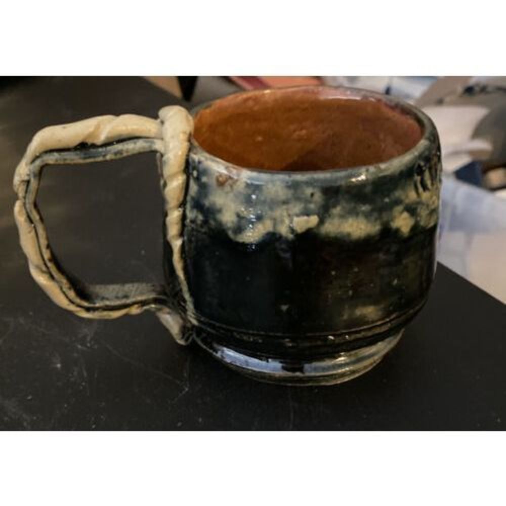 Hand Made Pottery Mug Braided Handle Blue Glazed Bubbled Brown Glaze Unique OOAK